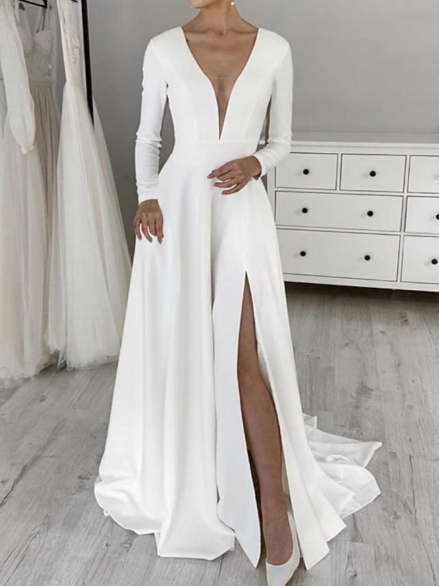  előszoba egyszerű esküvői ruhák a-line v nyakú hosszú ujjú seprő / ecset vonat sztreccs anyagból menyasszonyi ruhák 2024