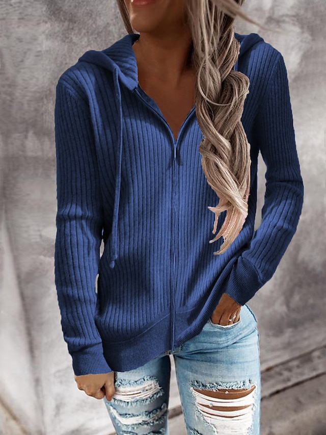  Dame Cardigan Klassisk Stil Helfarve Basale Afslappet Bomuld Langærmet Sweater Cardigans Hætte Efterår Vinter Gyldenbrun grå blå Blå
