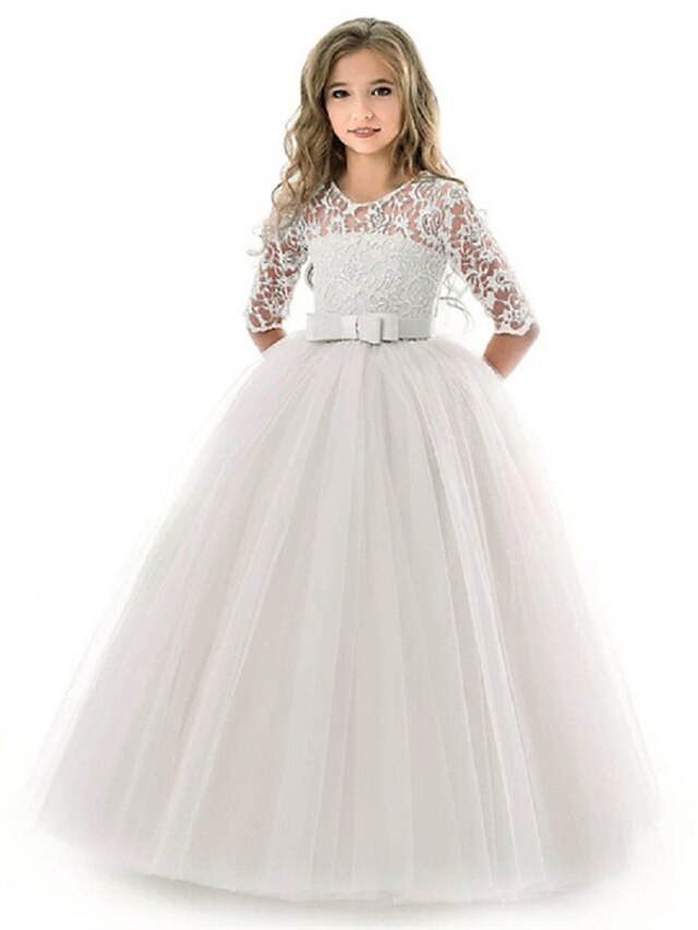  kinderkleidung Mädchen Blumenmädchen Kleid Kleid Halbe Ärmel Hochzeit Party mit Schnürung Gitter Elegant Vintage Maxi Schaukelkleid A Linie Kleid Frühling Herbst 3-12 Jahre Weiß Hellgrün Rosa