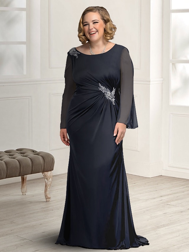 Fourreau / Colonne Robe de Mère de Mariée Elégant Grande Taille Bijoux Traîne Brosse Mousseline