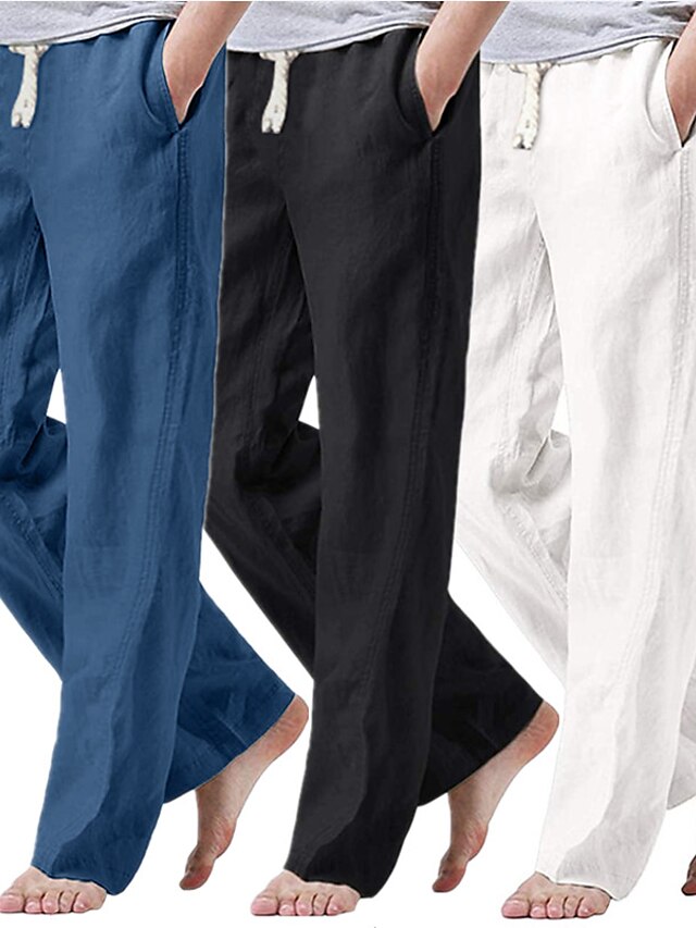  Men‘s Linen Full Length Drawstring Cotton Linen Blend Pants Summer Autumn Beach Loose Sporty Chinos Lightweight Breathable Jogges Straight Leg Yoga Linen Pants with Elastic Waistband Lounge Trousers