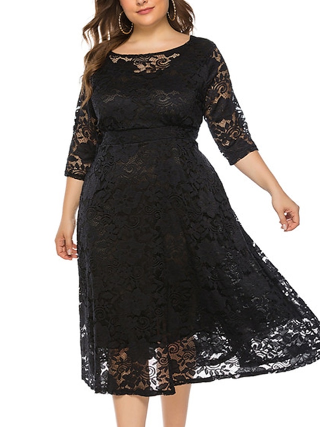 Womens Clothing Plus Size Collection | Womens Plus Size A Line Dress Floral Round Neck Lace 3/4 Length Sleeve Fall Summer Work P