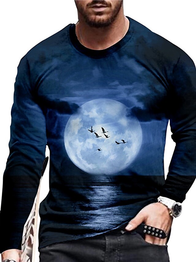  Herren Unisex Tee T-Shirt Hemd 3D-Druck Grafik-Drucke MOON Rundhalsausschnitt Halloween Täglich Bedruckt Langarm Oberteile Alltag Designer Groß und hoch Marineblau