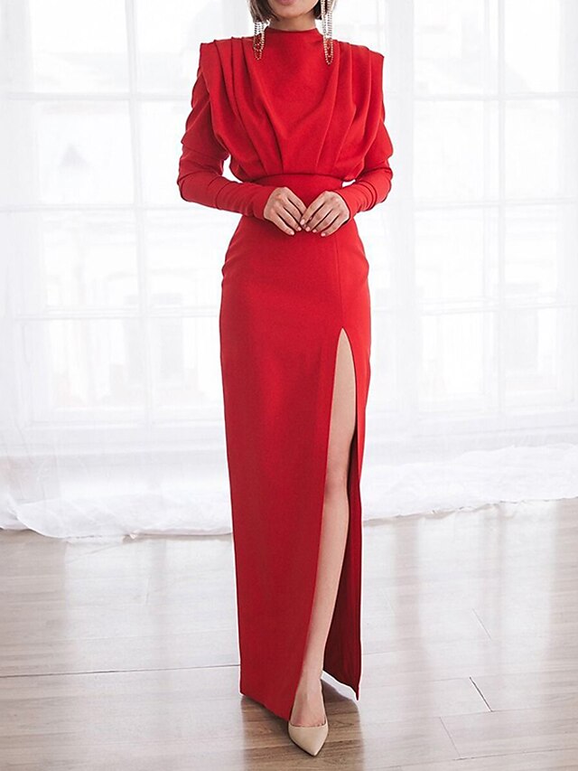 Womens Clothing Womens Dresses | Womens Sheath Dress Maxi long Dress Black Red Long Sleeve Solid Color Split Ruched Shirred Fall