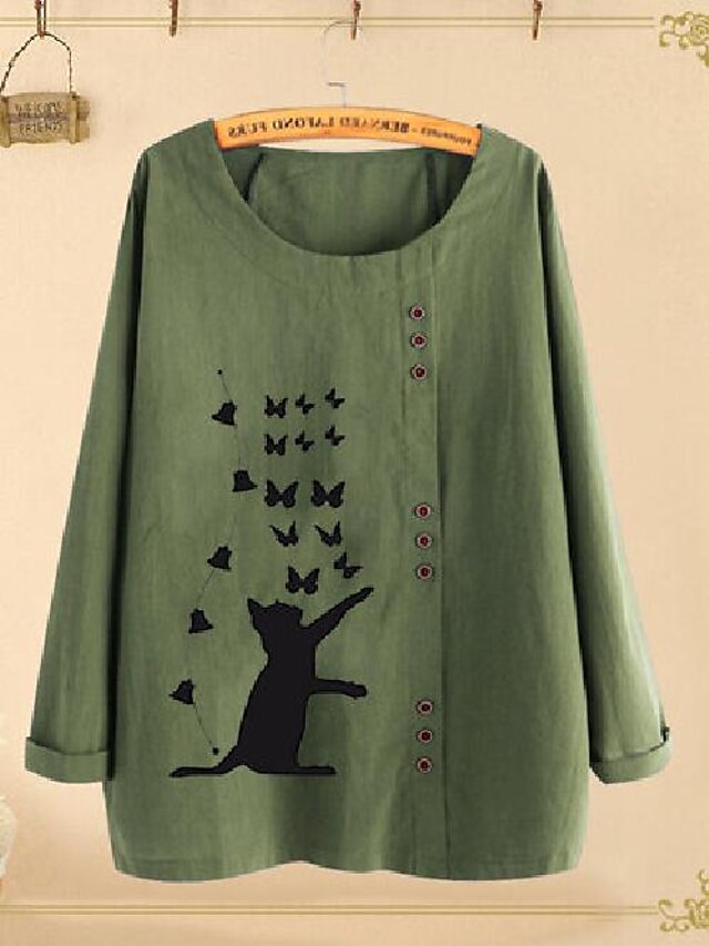 Womens Clothing Plus Size Collection | Womens Plus Size Tops Blouse Cat Butterfly Long Sleeve Round Neck Casual Dailywear Holida