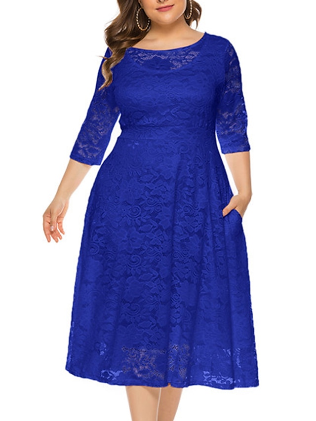 Womens Clothing Plus Size Collection | Womens Plus Size A Line Dress Floral Round Neck Lace 3/4 Length Sleeve Fall Summer Work P