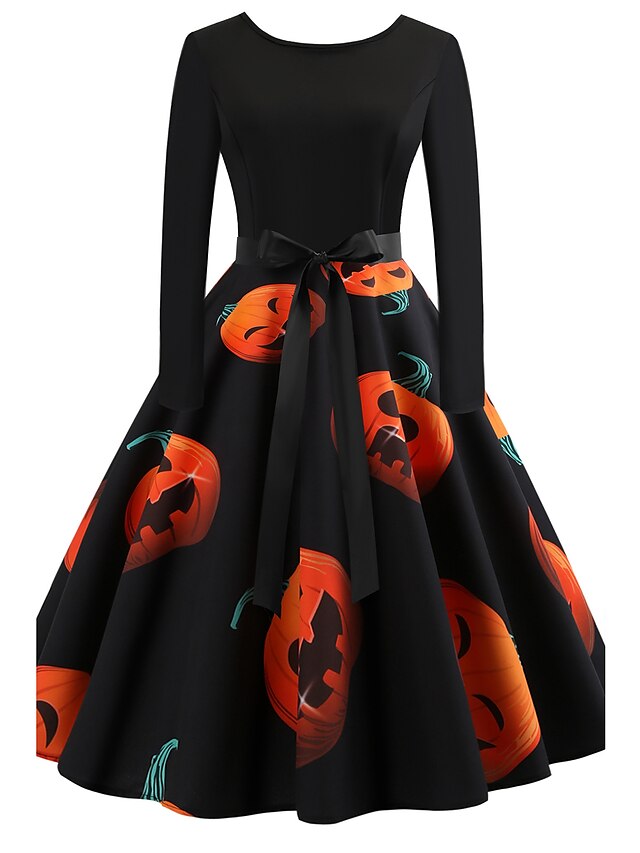 Womens Clothing Womens Dresses | Womens A Line Dress Midi Dress Black Orange Long Sleeve Print Vintage Style Fall Winter Round N