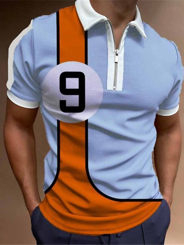  Men's Collar Polo Shirt Golf Shirt Fashion Sportswear Casual Summer Short Sleeve Blue Letter Collar Outdoor Street Zipper Clothing Clothes Fashion Sportswear Casual
