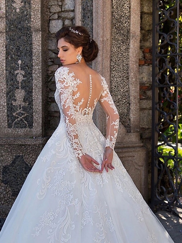 Ball-Gown Illusion Neck Long Sleeves Court Train Lace Tulle Wedding Dresses
