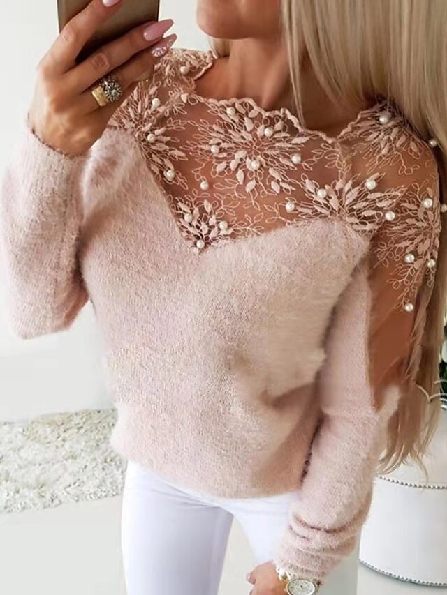 Womens Clothing Sweaters & Cardigans | Womens Pullover Sweater Jumper Knit Lace Patchwork Solid Color Crew Neck Casual Sexy Part