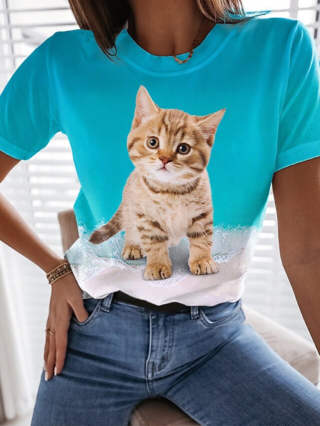  Women's 3D Cat Design T shirt Cat Graphic Color Block Print Round Neck Basic Tops Blue / 3D Print