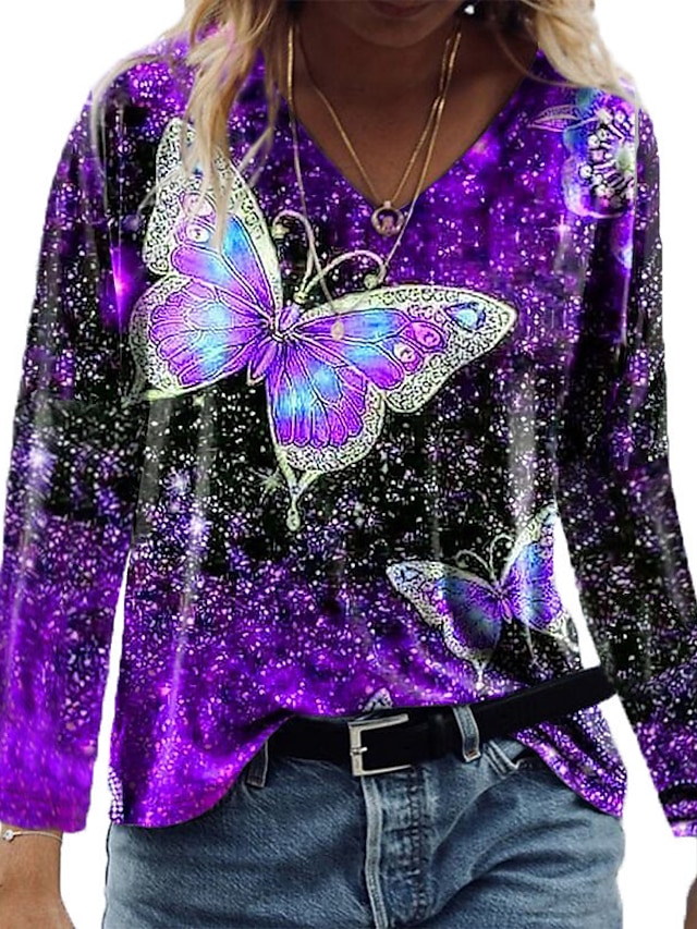 Womens Clothing Plus Size Collection | Womens Plus Size Tops T shirt Butterfly Sequins Print Long Sleeve V Neck Streetwear Daily