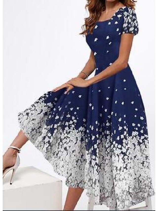 Womens Clothing Womens Dresses | Womens Swing Dress Maxi long Dress Navy Blue Short Sleeve Floral Print Spring Summer Square Nec