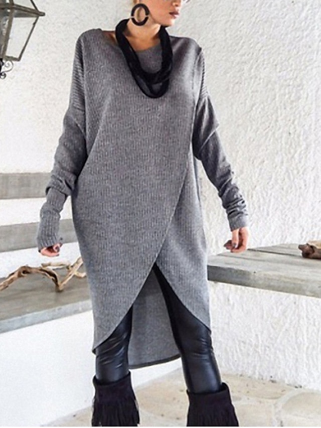 Womens Clothing Plus Size Collection | Womens Plus Size Sweater Jumper Dress Solid Color Round Neck Long Sleeve Fall Winter Basi