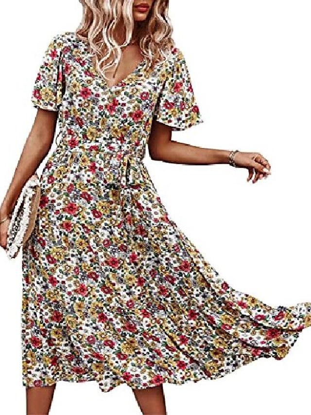 Womens Clothing Womens Dresses | Womens A Line Dress Knee Length Dress Blue floral Green floral Yellow floral White Floral Short