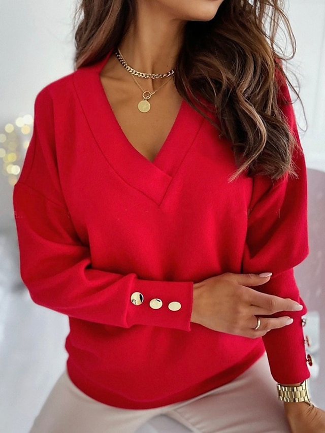  Women's Pullover Sweater Jumper Knitted Button Solid Color Basic Elegant Casual Long Sleeve Regular Fit Sweater Cardigans V Neck Fall Winter Blue Black Red / Going out / Work