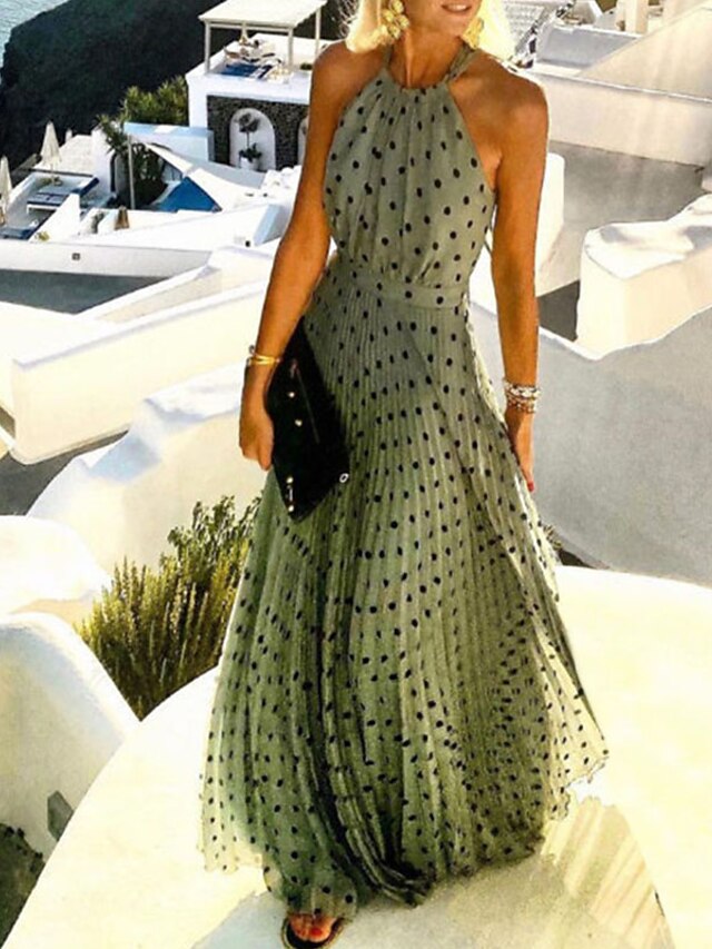 Women's Casual Dress Swing Dress Polka Dot Dress Long Dress Maxi Dress Chiffon Dress Pleated Green Black Blue Sleeveless Print Spring Summer Halter Neck Vacation Beach Daily 2023 S M L XL 15