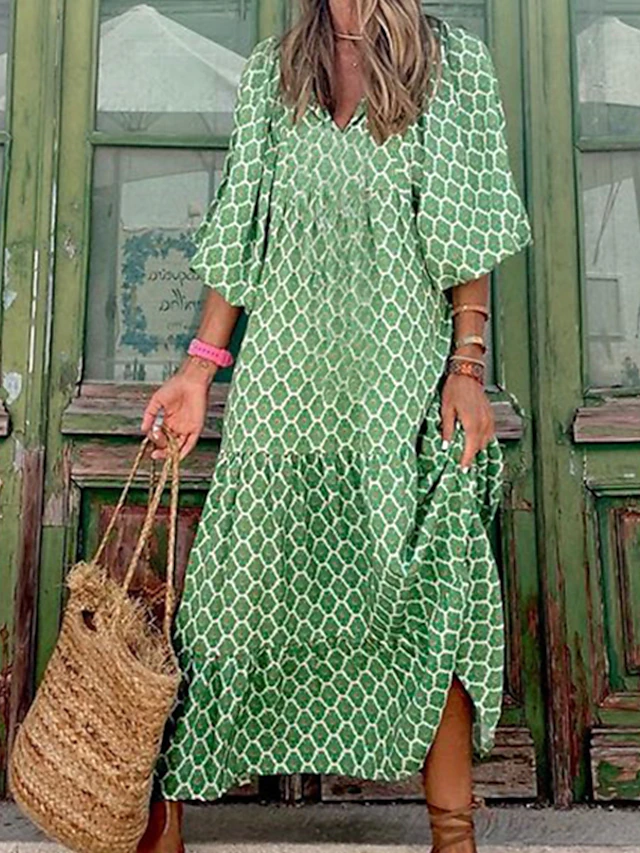 Women's Long Dress Boho Chic Dress Green 3/4 Length Sleeve Geometric Patchwork Fall Autumn V Neck 12