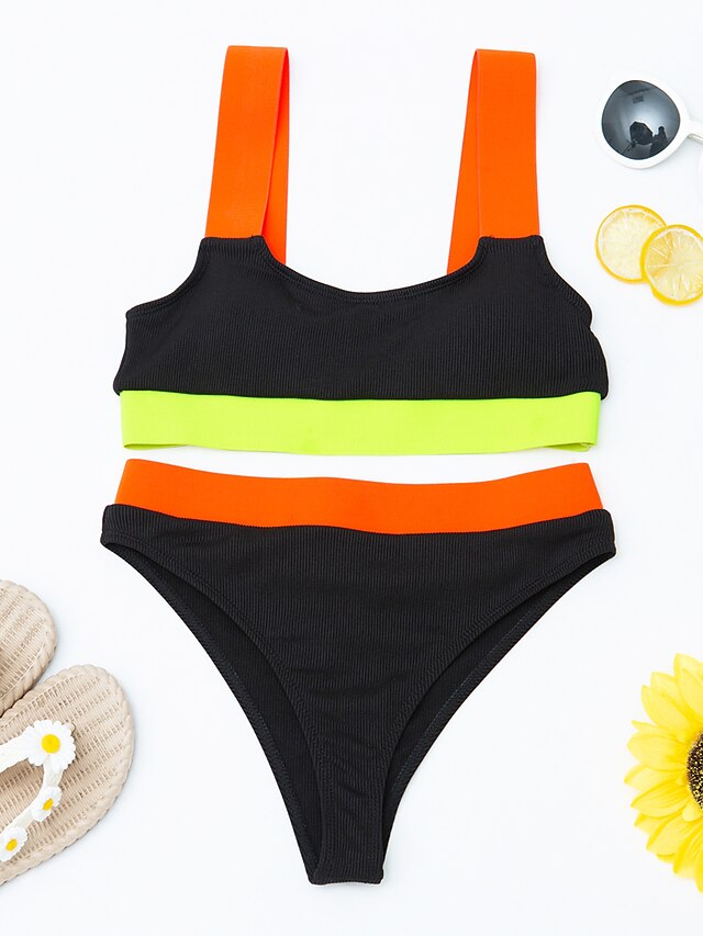 Womens Clothing Womens Swimwear | Womens Swimwear Bikini 2 Piece Normal Swimsuit Quick Dry Water Sports Solid Color Black Royal 