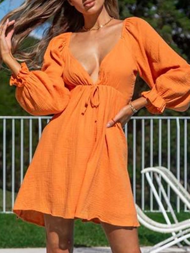  Per donna Vestito svasato Abito arancione bruciato Mini abito corto Bianco Nero Arancione Manica lunga Colore puro Schiena scoperta Autunno Inverno A V Informale 2022 S M L XL / Cotone
