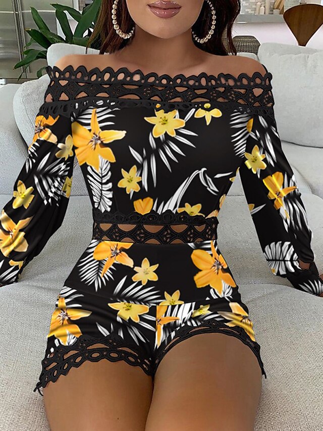 Womens Clothing Womens Jumpsuits & Rompers | Womens Romper Print Floral Off Shoulder Casual Daily Daily Straight Regular Fit Lon