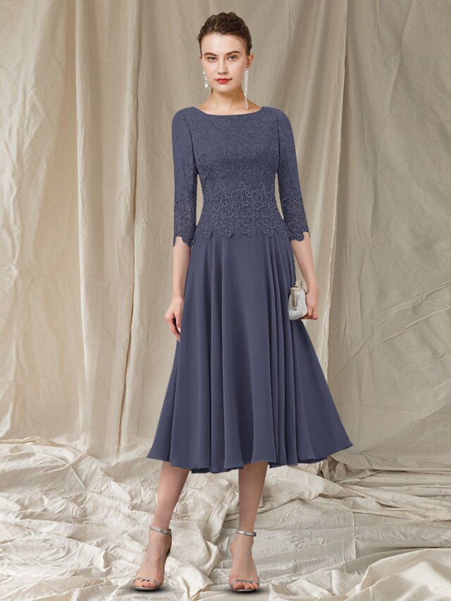 ALine Mother of the Bride Dress Elegant Jewel Neck Tea Length Chiffon