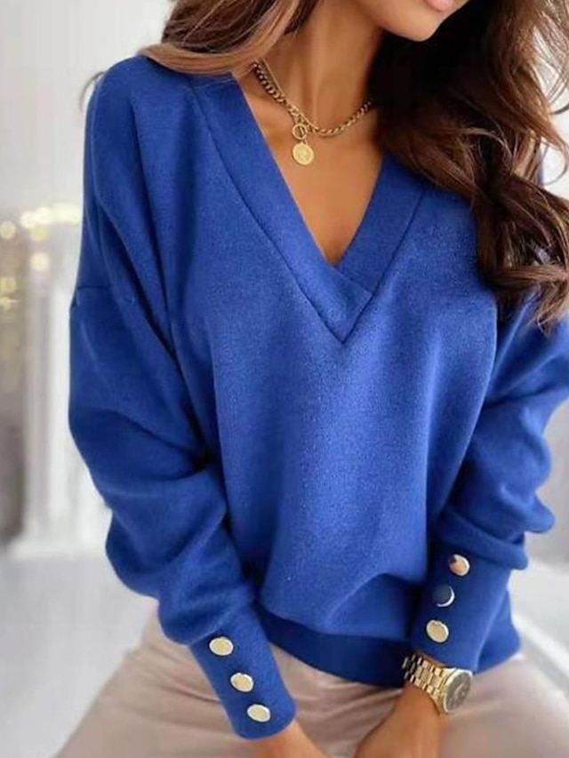 Women's Pullover Sweater Jumper Knitted Button Solid Color Basic Elegant Casual Long Sleeve Regular Fit Sweater Cardigans V Neck Fall Winter Blue Black Red / Going out / Work