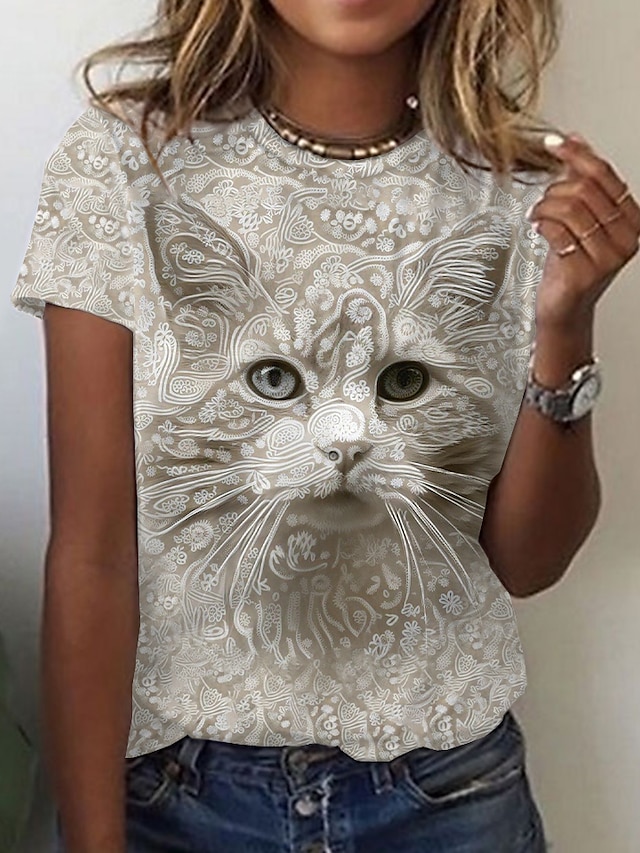 Womens Clothing Womens Tops | Womens Daily Weekend 3D Cat Painting T shirt Tee Cat Graphic 3D Short Sleeve Print Round Neck Basi