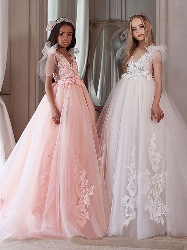  A-Line Floor Length Flower Girl Dress First Communion Cute Prom Dress Chiffon with Appliques Fit 3-16 Years