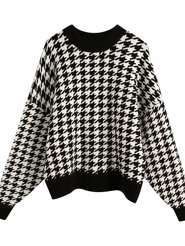 Womens Clothing Sweaters & Cardigans | Womens Sweater Jumper Knit Print Houndstooth Crew Neck Stylish Casual Party Beach Drop Sh