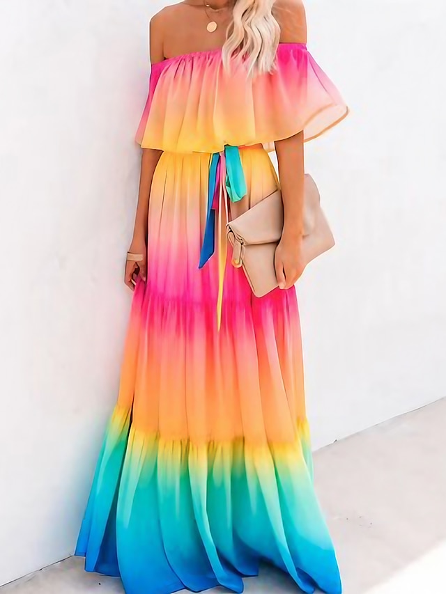  Women's Casual Dress Swing Dress Long Dress Maxi Dress Rainbow Half Sleeve Rainbow Print Fall Spring Autumn Off Shoulder S M L XL XXL