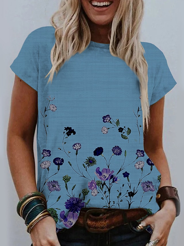  Women's T shirt Floral Flower Round Neck Tops Blue Gray Khaki / 3D Print