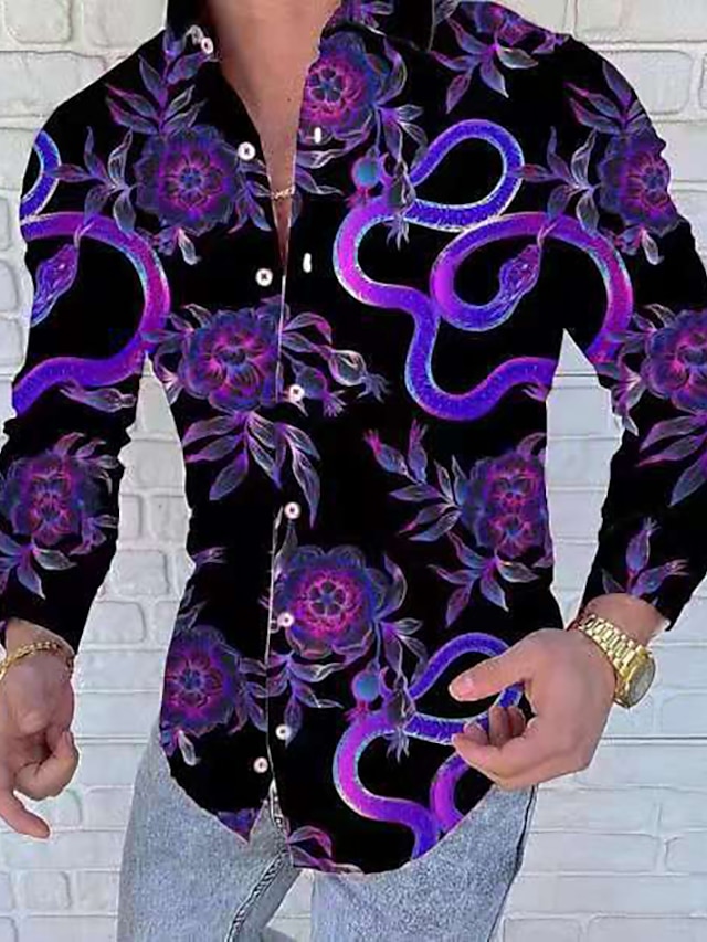 Mens Clothing Mens Shirts | Mens Shirt Floral Geometric Chains Print Classic Collar Street Casual Print Long Sleeve Tops Casual 