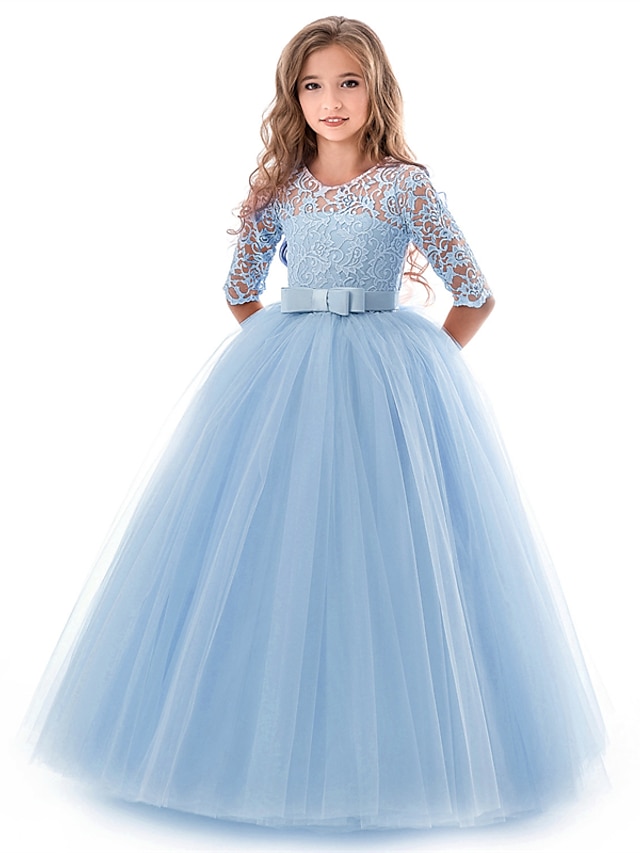  Kids Little Girls' Dress Floral Lace Solid Colored Party Wedding Evening Hollow Out White Blue Purple Lace Tulle Maxi Short Sleeve Flower Vintage Gowns Dresses 3-13 Years
