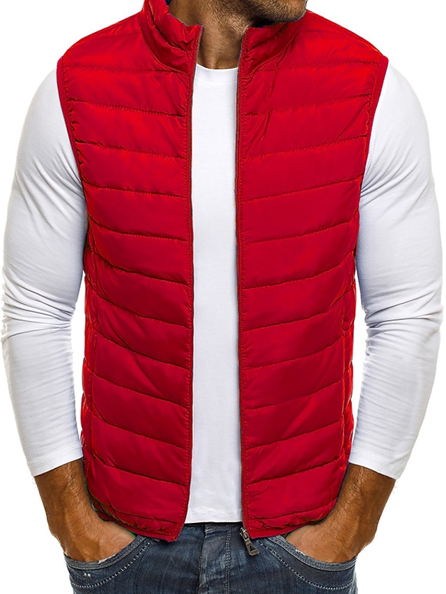  Men's Puffer Vest Gilet Daily Going out Plain Outerwear Clothing Apparel Casual Black Red Navy Blue