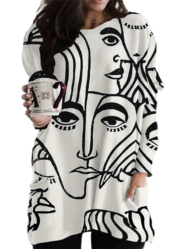  女性のプラスサイズのカーブ t シャツドレス t シャツドレス抽象的なクルーネックプリント長袖冬秋カジュアルデイリーバケーションドレス