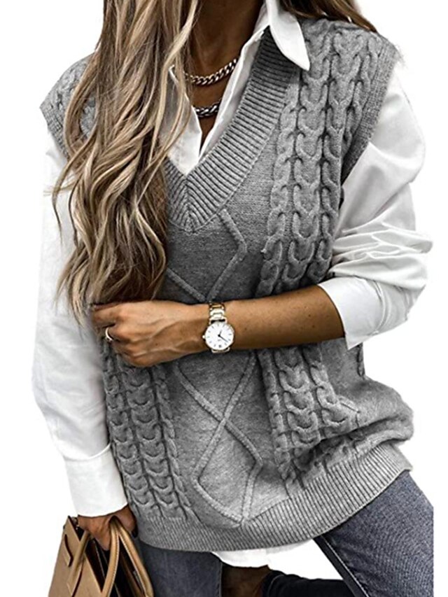 Womens Clothing Sweaters & Cardigans | Womens Vest Jumper cable Knit Tunic Knitted Solid Color V Neck Stylish Basic Home Daily F