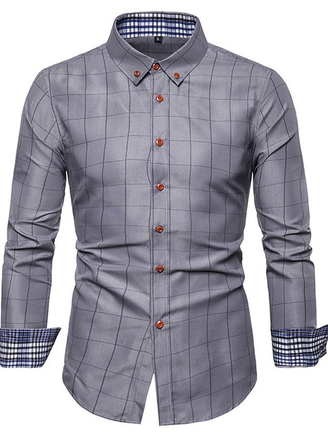 Men S Shirt Dress Shirt White Dark Blue Gray Long Sleeve Plaid Check   Aifhqt1632582672863 