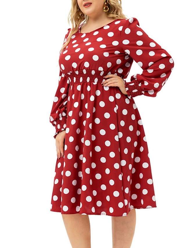 Womens Clothing Plus Size Collection | Womens Plus Size A Line Dress Polka Dot Round Neck Print Long Sleeve Fall Casual Knee Len