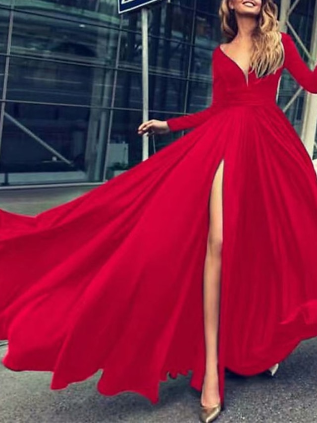  vestido de festa de formatura feminino vestido de coquetel vestido swing vestido longo maxi vestido verde vermelho manga longa cor pura divisão inverno outono outono decote v vestido de festa de