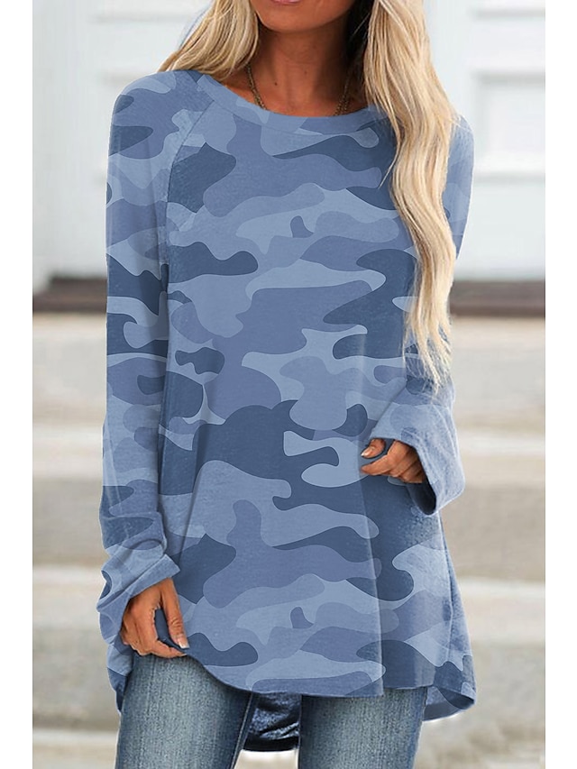  Naisten T-paita Viini Sininen Purppura naamiointi Armeijatyyli Painettu Pitkähihainen Päivittäin Viikonloppu Tunikat Perus Pyöreä kaula-aukko Normaali Loose Fit S