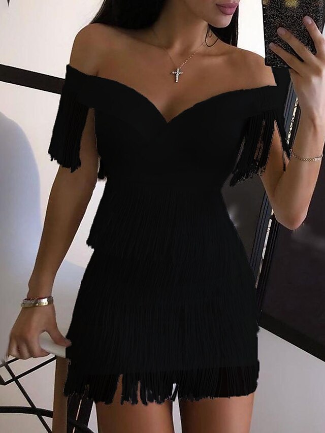 Womens Clothing Womens Dresses | Womens A Line Dress Short Mini Dress White Black Sleeveless Solid Color Tassel Fringe Fall Spri