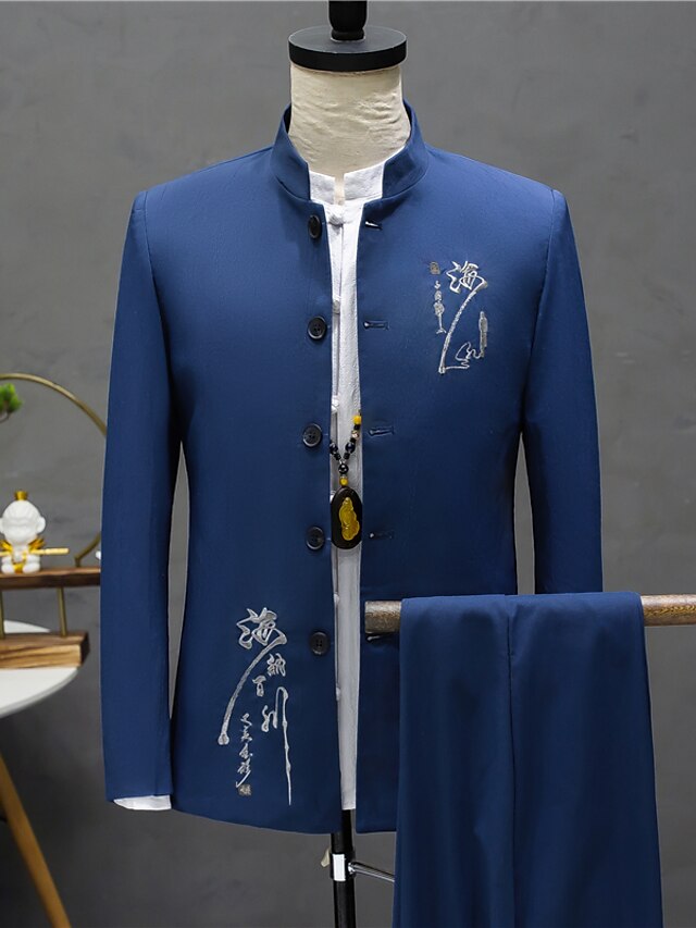  Costume Pour des hommes Occasion spéciale Noir Kaki Bleu Marine 2 pcs Couleur Pleine Coupe Standard Droit à plusieurs boutons 2022