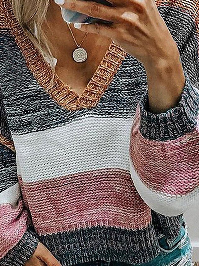 Womens Clothing Sweaters & Cardigans | Womens Sweater Jumper crochet Knit Knitted Striped V Neck Stylish Casual Daily Weekend Fa