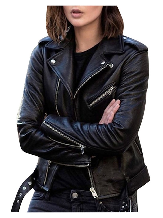 Women's Faux Leather Jacket Fall Moto Biker Coat Waterproof Street Wear ...
