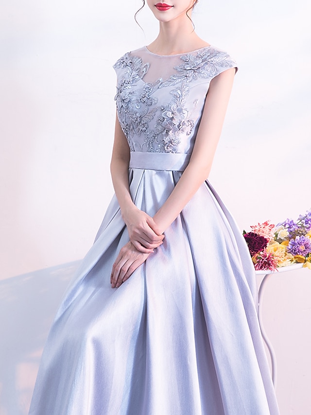  A-Line Evening Gown Elegant Dress Wedding Guest Floor Length Sleeveless Jewel Neck Satin with Sash / Ribbon Pleats Appliques 2023