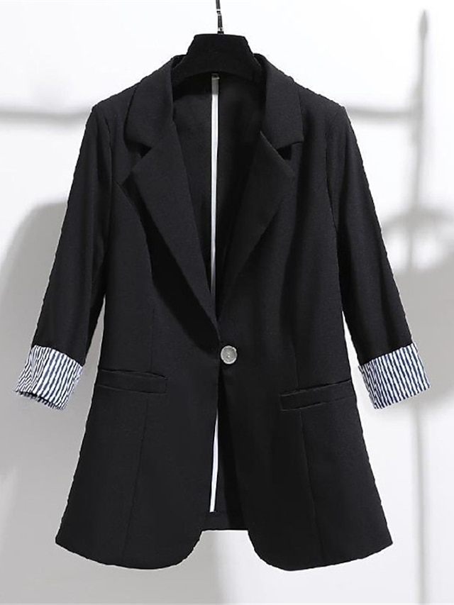  Women's Blazer Daily Work Spring Fall Regular Coat Regular Fit Warm Breathable Streetwear Casual Jacket 3/4 Length Sleeve Plain Pocket White Black Apricot