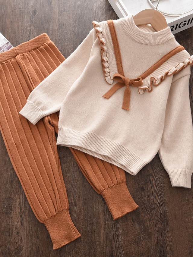 Baby & Kids Girls Clothing | Kids Toddler Girls Clothing Set 2 Pieces Long Sleeve Khaki Brown Solid Color Ruffle Bow Cute Sweet 