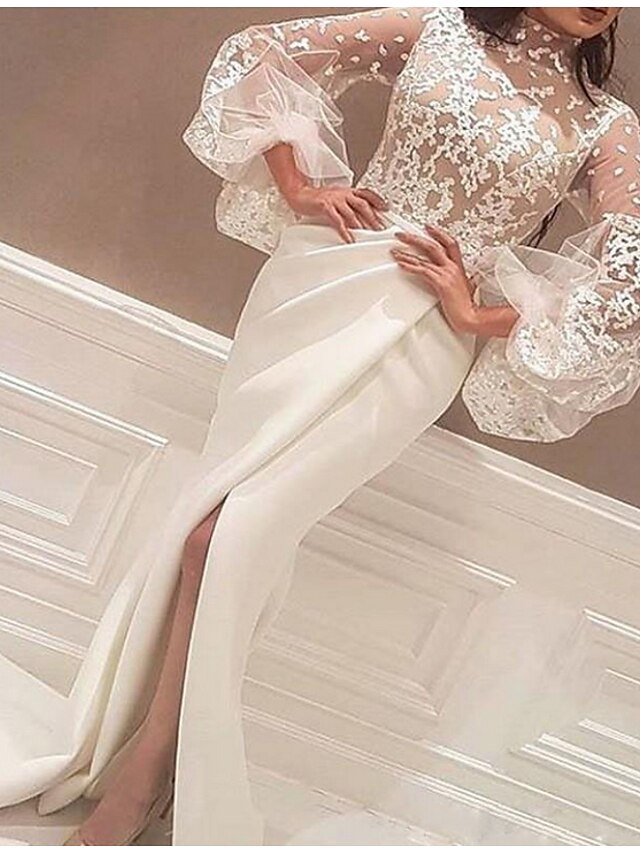  Beach Wedding Dresses Sweep / Brush Train Mermaid / Trumpet Long Sleeve High Neck Satin With Appliques Split Front 2023 Spring & Summer Bridal Gowns