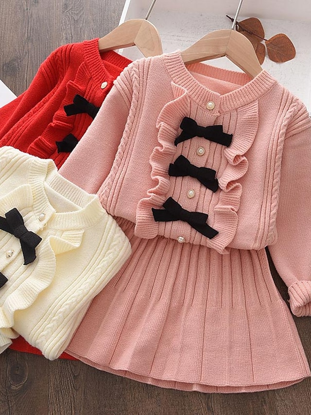  Kids Toddler Girls' Clothing Set 2 Pieces Long Sleeve White Solid Color Pleated Ruffle Bow Cute Sweet Regular 2-6 Years